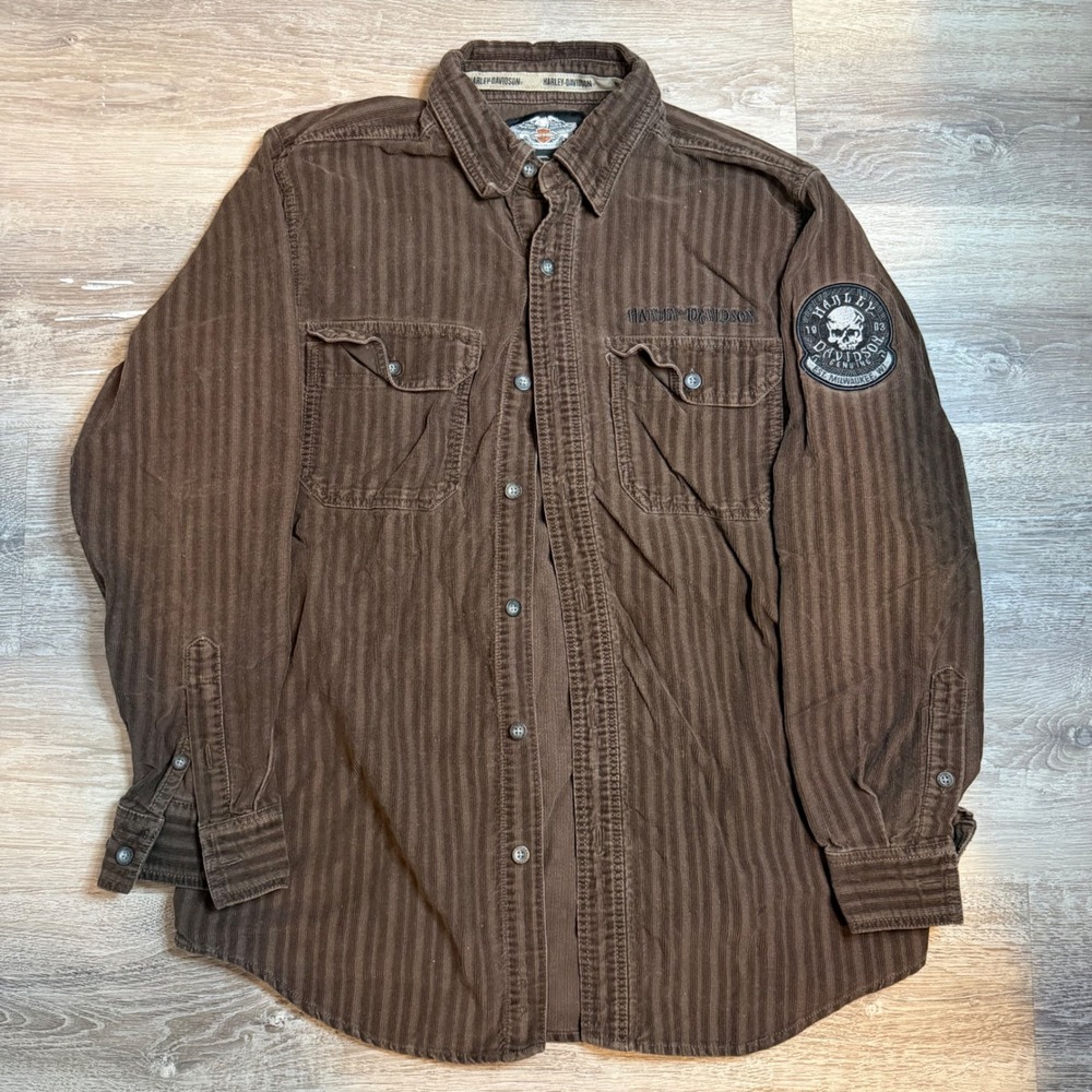 Harley-Davidson Mens Brown Corduroy Button Down Shirt Willie G Skull Patch Med